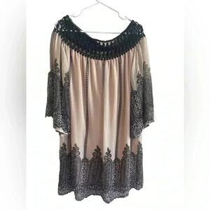 Anthropologie Entro Cream Mini Dress Black Lace Crochet Trim